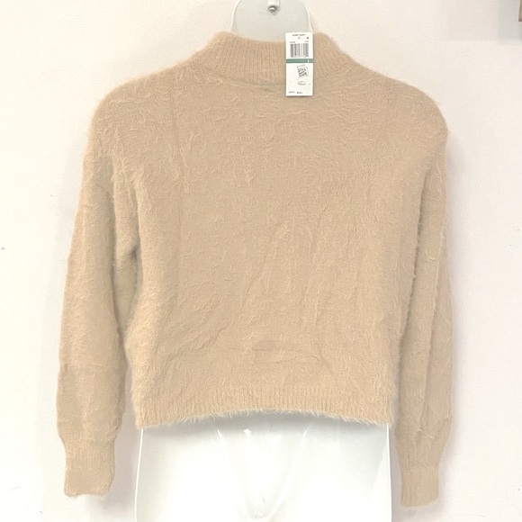 Sun + Moon Fuzzy Sweater Light Camel Brown Mock Neck Long Sleeves Casual Top - Picture 4 of 8